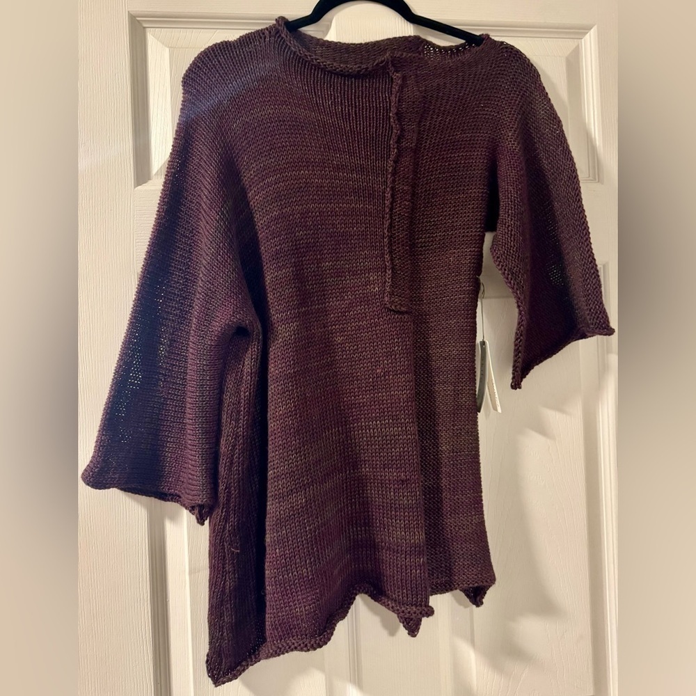Skifo Women Purple Crochet Cowl Neck 3/4 Sleeve Cropped asymmetrical Sweater NWT